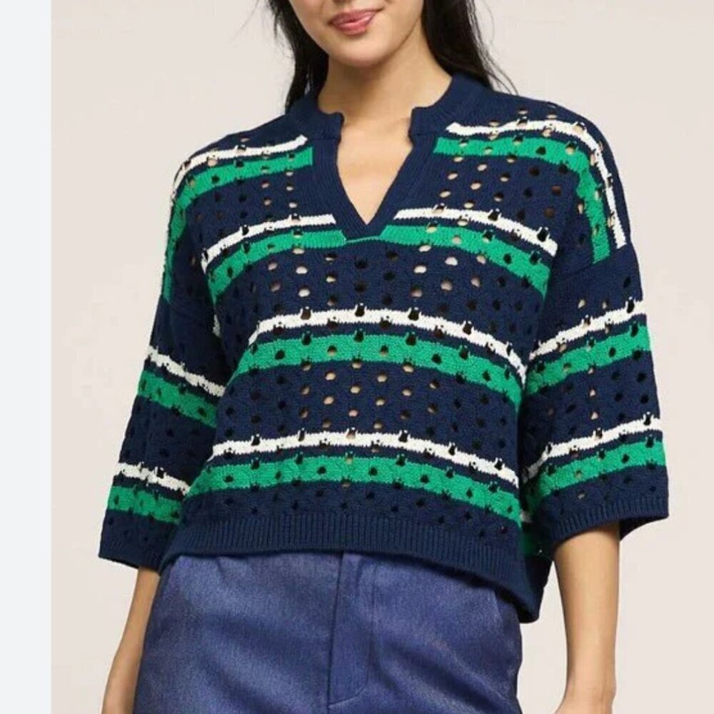 Current Air Women's Size Medium Blue Green Striped Crochet Sweater